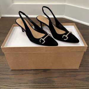 INC suede black heels with gold buckle 3”